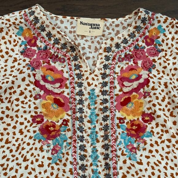 Savanna Jane Natalia Embroidered Boho Top - Leopard Spots Size Small - Picture 7 of 12